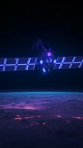 Vertical video: orbiting satellite bus rotating above cyan Earth rim with pulsing neon blue lights