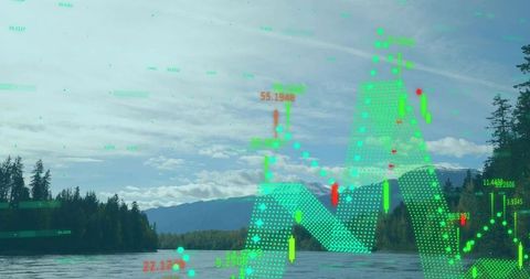 Nature scene with financial data overlay symbolizing eco-tech balance