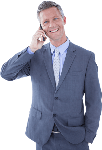 Smiling Businessman in Gray Suit Talking on Mobile Phone Transparent Background - Download Free Stock Videos Pikwizard.com