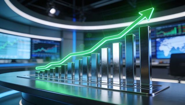 Rising metallic bar chart with neon green trend arrow in modern trading studio