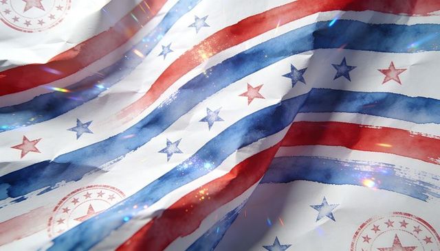 Waving watercolor patriotic stripes and stars fabric with glitter light painterly texture