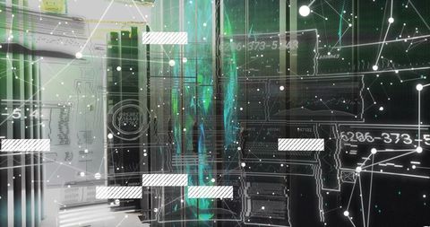 Turquoise Data Stream Overlaying Server Racks with HUD Network Visualization and Nodes