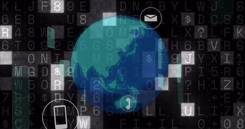 Rotating digital globe with mail and phone icons over alphanumeric cyber grid interface