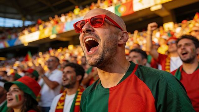 Passionate football fan shouting and cheering in red-green jersey at packed stadium crowd