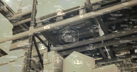 Digital Icons Over Laid on Warehouse: Innovation and Networking Theme