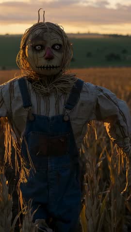 Camera zooming into haunted scarecrow in cornfield at sunset