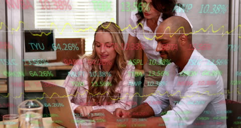 Diverse Team Collaborating with Stock Market Analysis Overlay