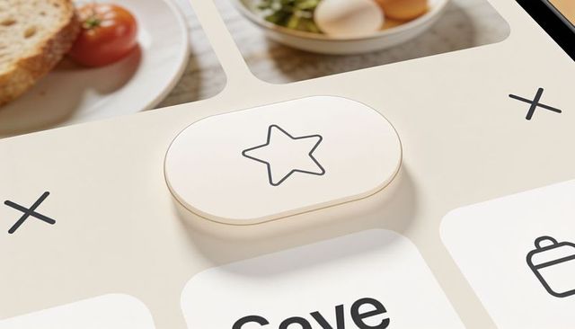Cream oval star button on beige interface panel with breakfast elements macro