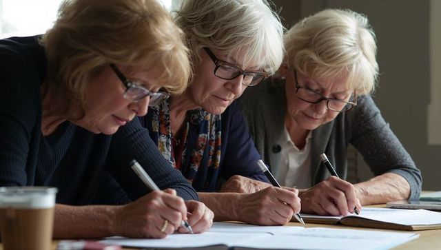 Senior women writing together in adult learning workshop, notebooks