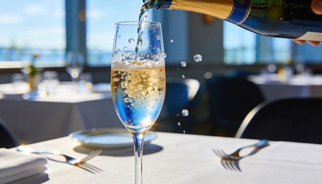Champagne pouring into flute with bubbles and splash on sunlit seaside restaurant table