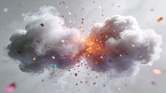 Colliding Smoke Clouds Forming Glowing Core and Scattering Colorful Confetti Burst