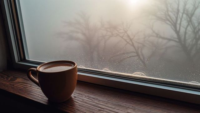 Cozy Coffee Mug on Windowsill with Frosted Glass Background
