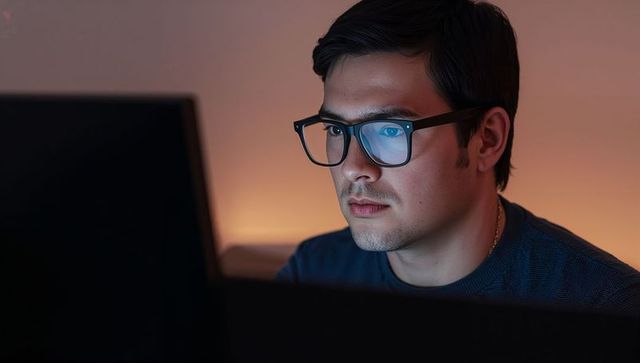 Focused programmer working on computer with glasses reflecting screen light