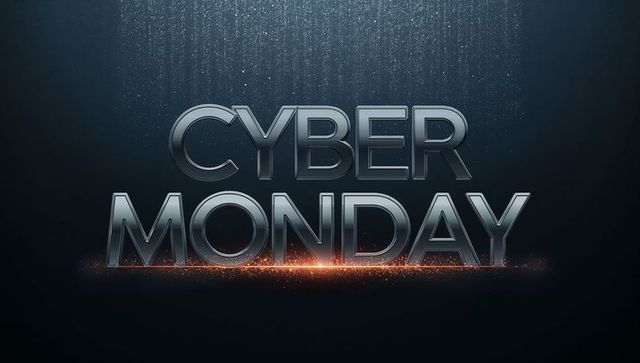 Cyber Monday metallic 3D text with glowing ember line and cinematic chrome reflection