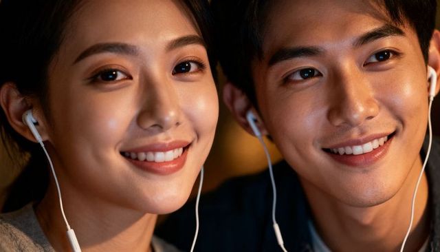 Smiling young couple sharing wired earbuds in cozy warm bokeh closeup portrait lifestyle