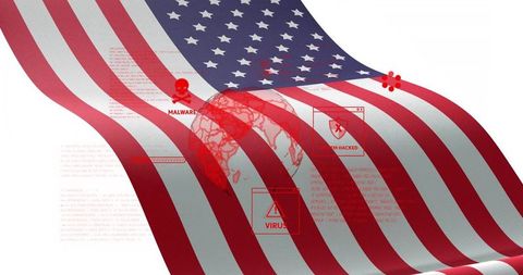 American flag draping over digital globe with malware virus icons representing cyberattack