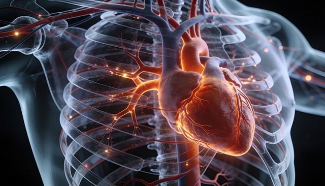 Glowing heart beating inside transparent rib cage 3d illustration of thoracic anatomy
