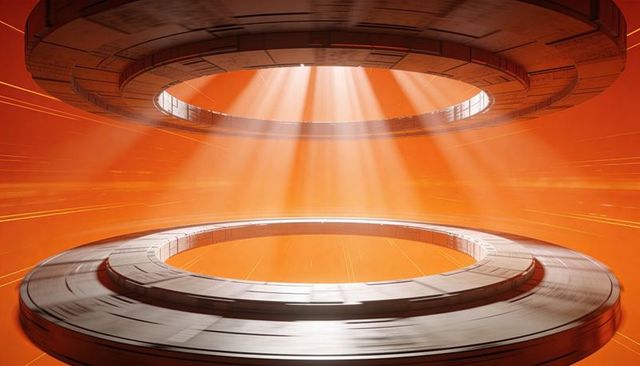 Hovering Metallic Rings Casting Radiant Beams Through Central Aperture in Futuristic Chamber