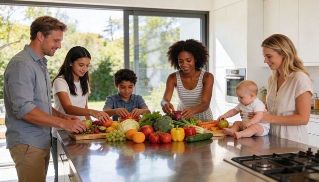 Multiracial family preparing fresh produce together on modern kitchen island