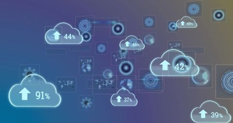 Digital cloud icons showing percent increases and growth trends