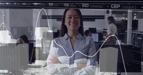 Businesswoman Analyzing Currency Markets in Office Environment