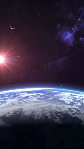 Awakening Earth from Polar Orbit during Rising Sun with Crescent Moon and Nebula - Vertical Video