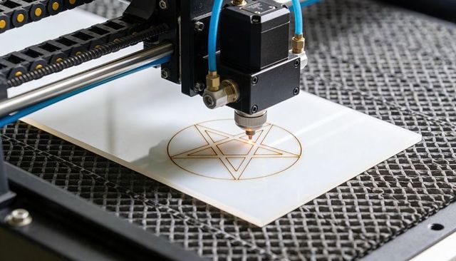 Laser engraving pentagram on acrylic panel with precision gantry and honeycomb workbed