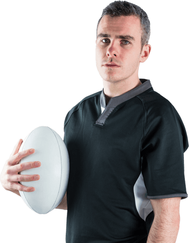 Transparent image of male rugby player holding ball with determined expression