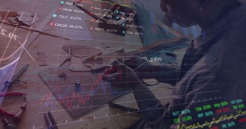 Craftsman with stock market graphics blending tradition and technology