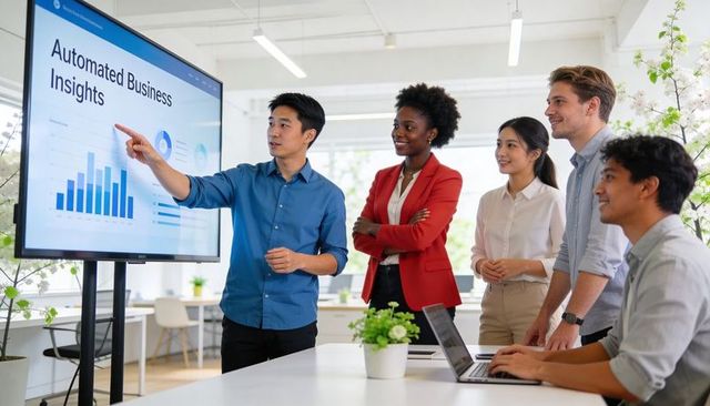 Presenting automated business insights to diverse team in bright modern open office