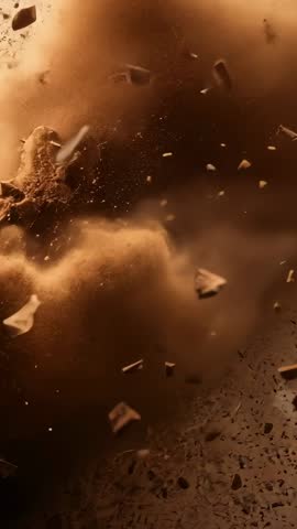 Billowing Amber Dust Cloud Expanding and Sending Shards Vertical Macro Slow Motion Video