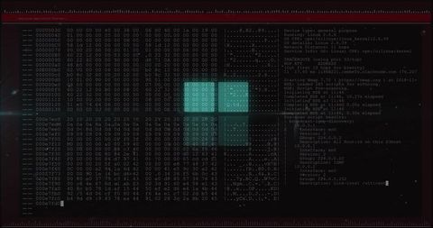 Dark terminal hex dump with cyan highlights and log pane for cybersecurity analysis