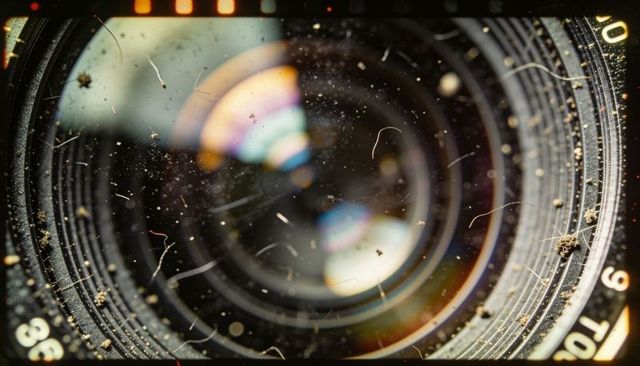 Dusty vintage camera lens macro showing scratches, hair, filmstrip border and rainbow flare