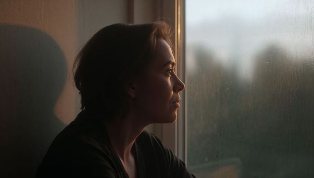 Woman in quiet twilight gazing through rain-streaked window, thoughtful interior portrait
