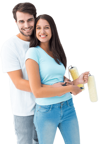 Happy Couple Embracing with Paint Rollers Transparent Background