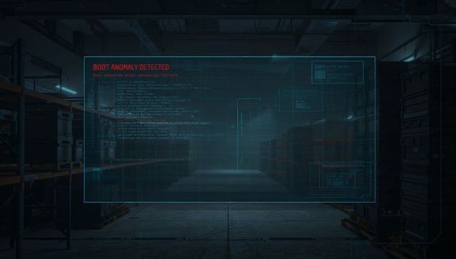 Cyan holographic diagnostic display showing Boot Anomaly Detected over warehouse aisle