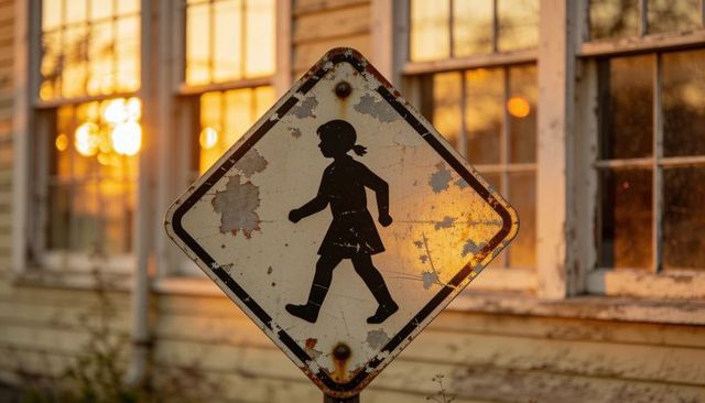 Glowing weathered school crossing sign showing walking girl silhouette at sunset