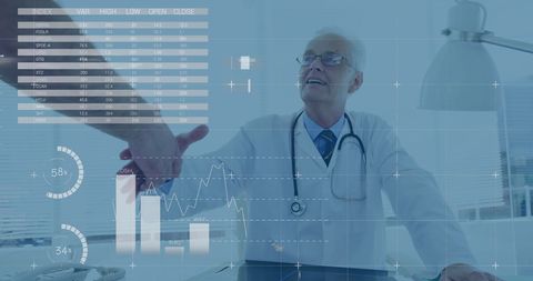 senior doctor meeting patient amidst financial health data overlay - Download Free Stock Images Pikwizard.com