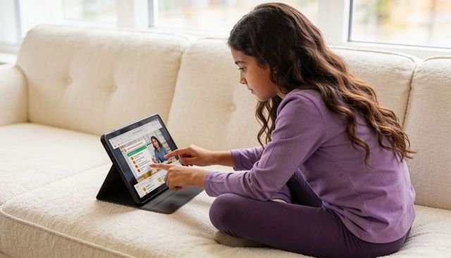Young girl studying on tablet tapping touchscreen while sitting on cozy beige sofa