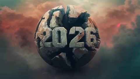 Cracked Stone Orb Revealing 2026 Numerals While Floating Through Dramatic Stormy Cloudscape