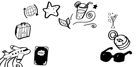 Digital illustration of vacation travel symbols on transparent background