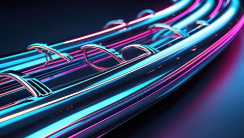 Futuristic neon curves with reflective metallic tubes