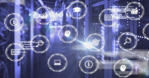 Digital Overlay of Finance and Cloud Computing Icons in Data Center - Download Free Stock Images Pikwizard.com