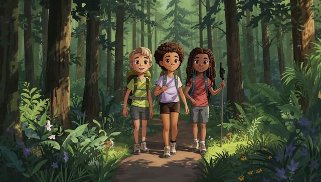Diverse kids hiking sunlit forest trail, smiling young explorers with backpacks and trekking pole