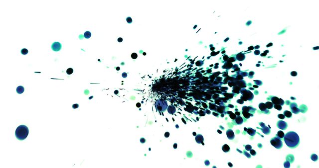 Abstract image depicting a dynamic digital burst with particles scattering in various shades of blue and green on white background. Suitable for use in technology, science, and creative design projects, presentations, backgrounds, and posters illustrating concepts of energy, motion, or data.