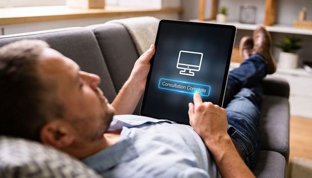 Man reclining on sofa tapping tablet showing 'Consultation Complete' message