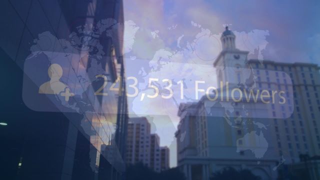 This visual showcases social media followers count overlaid on a city skyline, depicting the growth and impact of digital communication in urban settings. The emojis with face masks add an element of contemporary relevance in the context of global health awareness. Suitable for content relating to social media marketing, digital trends, global communication, urban development, and public health.