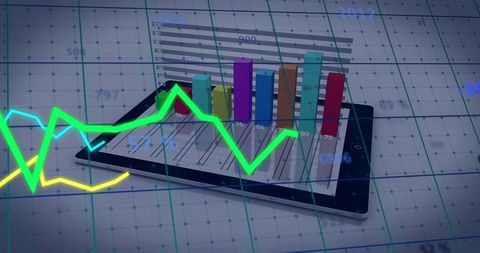 Tablet Dashboard Showing 3D Bar Charts and Neon Line Graphs for Data Analytics