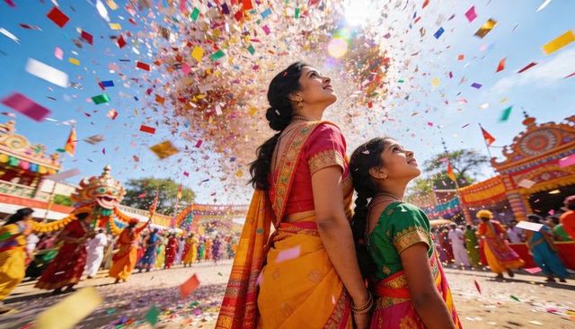 Mother daughter in colorful sarees gazing up amid indian festival confetti