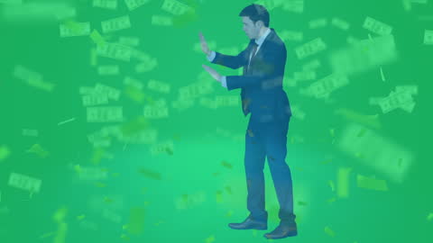 Caucasian Businessman Walking with Banknotes Floating Around